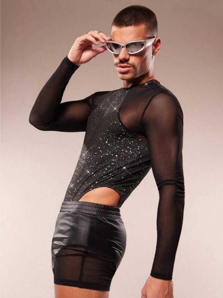 CRYSTAL-CITY Men's Shinny Mesh Patchwork Long Sleeve Bodysuit